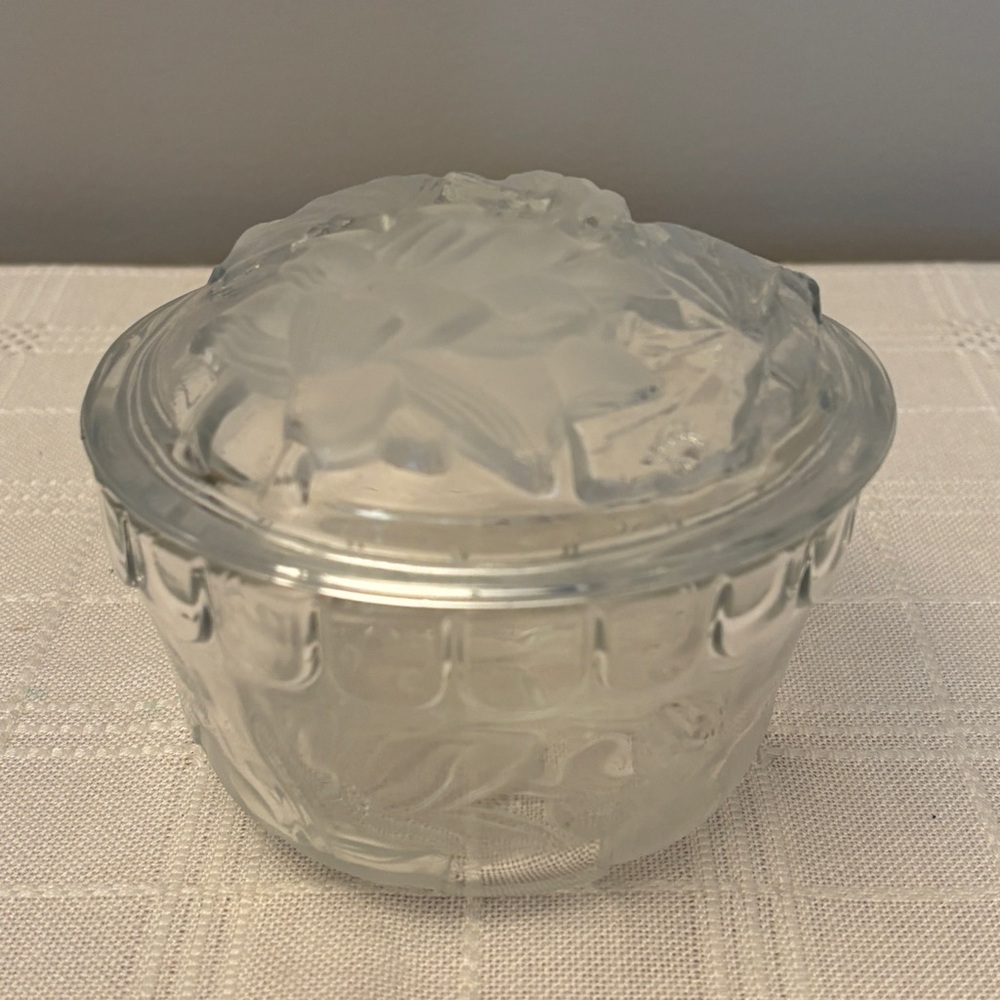 Vintage Clear Glass Trinket Box with Frosted Floral Design